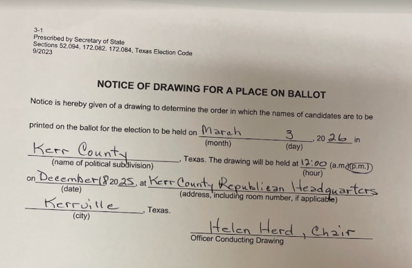 Notice of Drawing for Place on March 3, 2026 Ballot